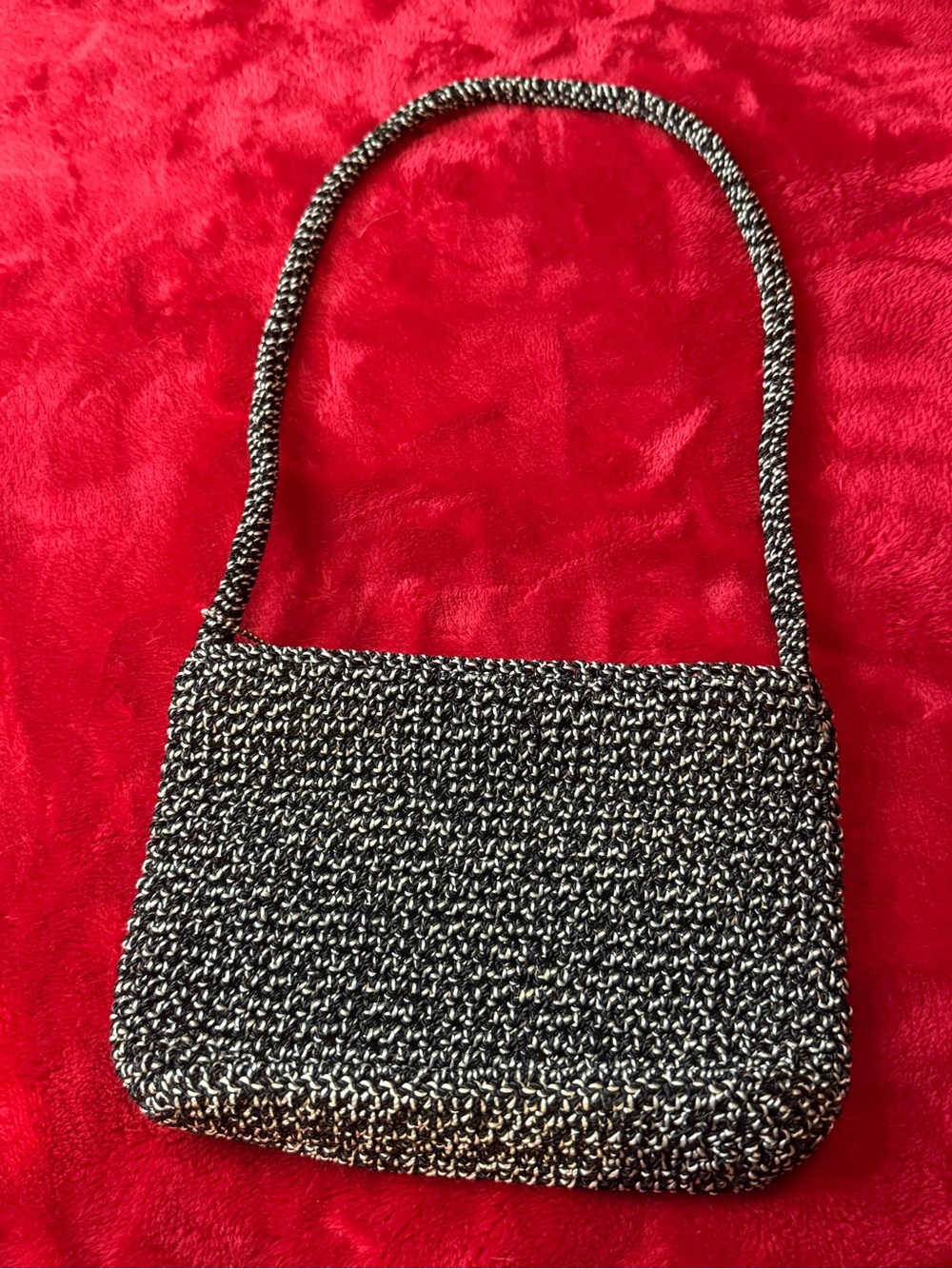 The Sak Vintage 90s Y2K Black Silver Knit Crochet Shoulder Bag Minimalist Boho